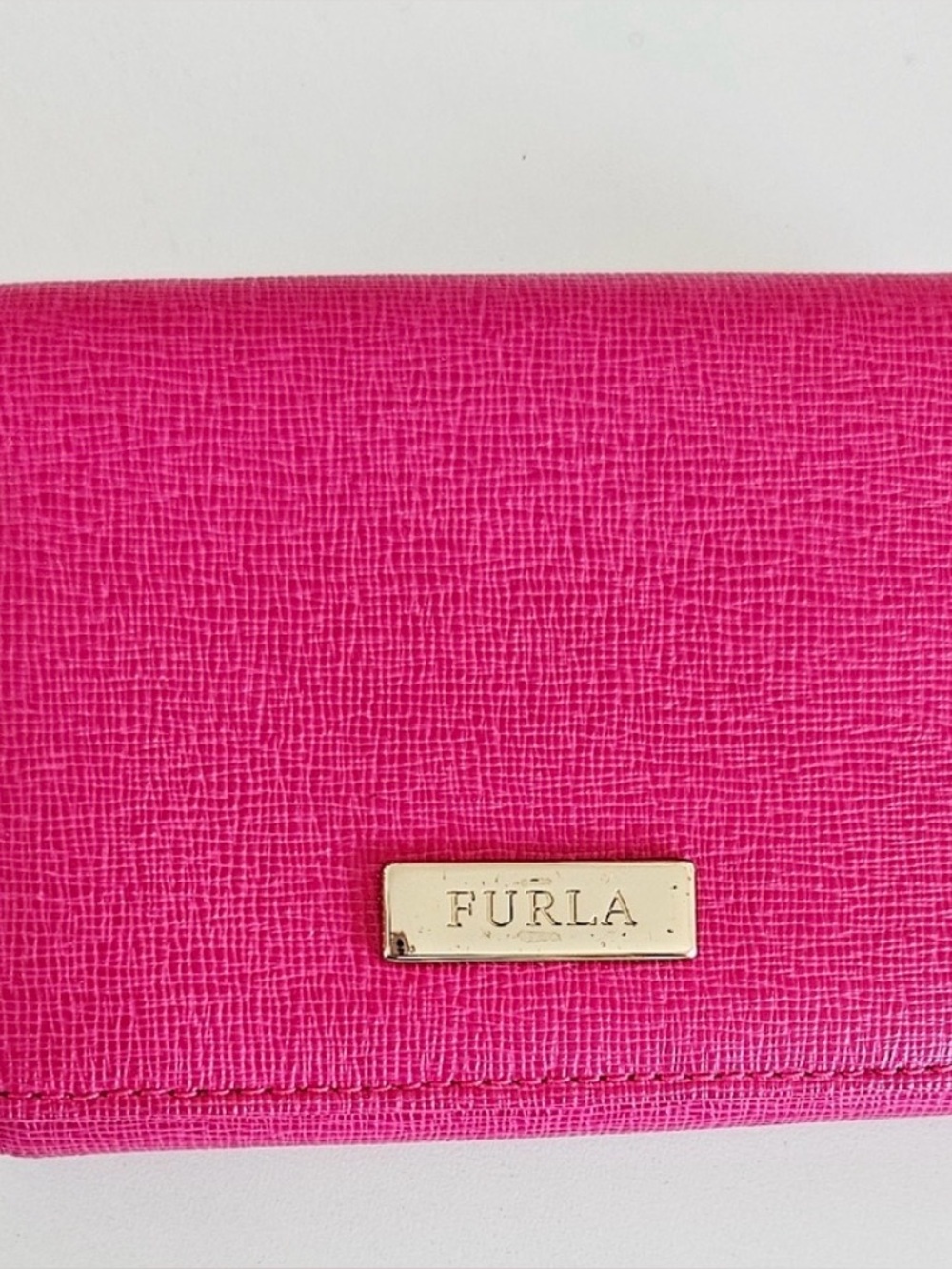 FURLA BARBIE Pink Leather compact wallet double coin purse W/ Gold Metal Logo